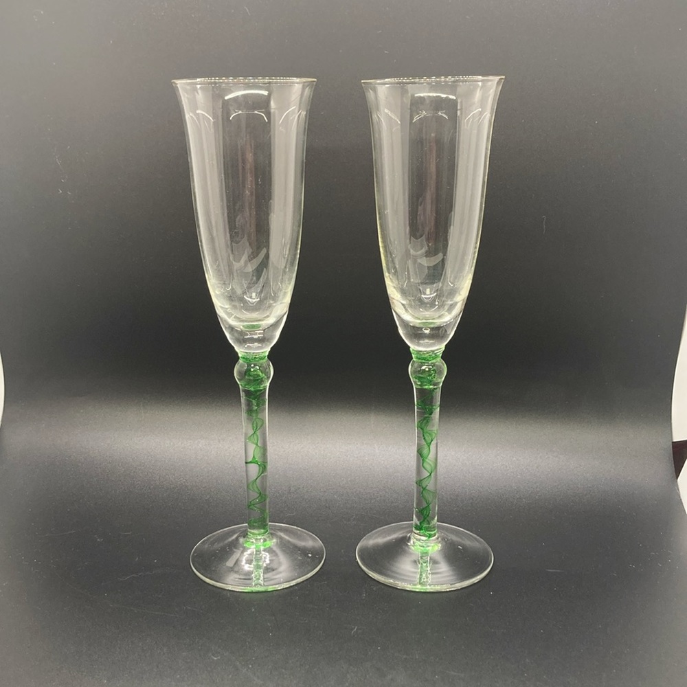Two Pier 1 Green Swirl Champagne Flutes Wedding Gift
